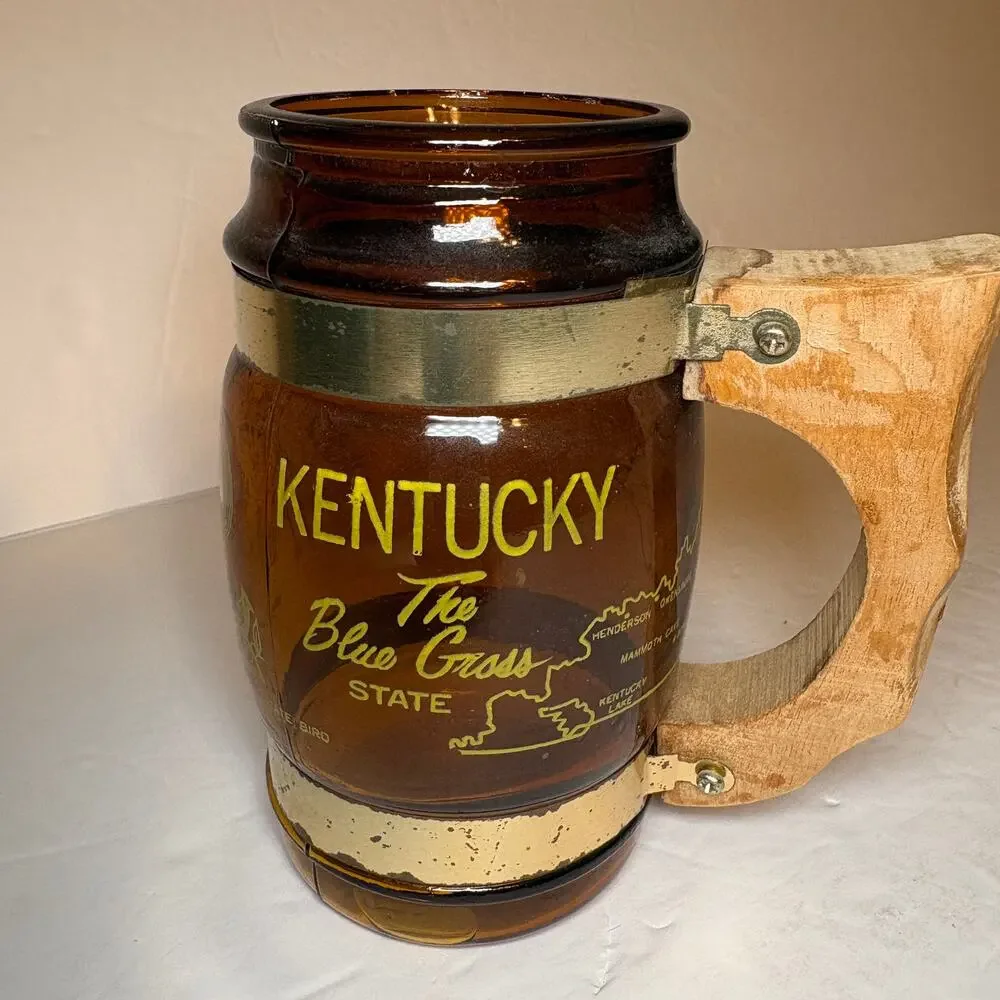 Vintage Kentucky Blue Grass Souvenir Brown Glass Barrel Mug Wood Handle